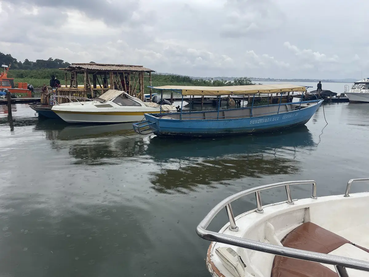 Boats and canoes moored on Lake Victoria in Uganda