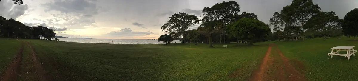 A lakeside lawn and forest on a Ssese island